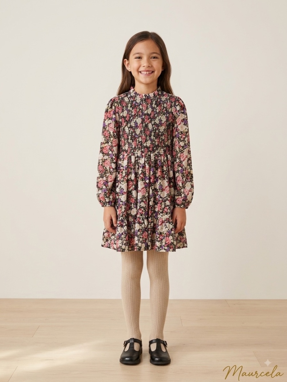 NWOT Poppies & Roses Floral Long-Sleeve Smocked Dress
